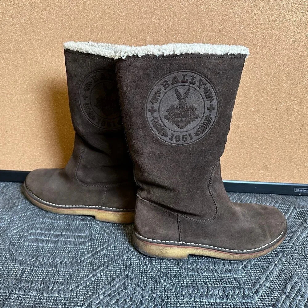 Bally Kander Emblem Logo Sherpa Suede Chocolate Brown Boots EU 37.5 / US 7